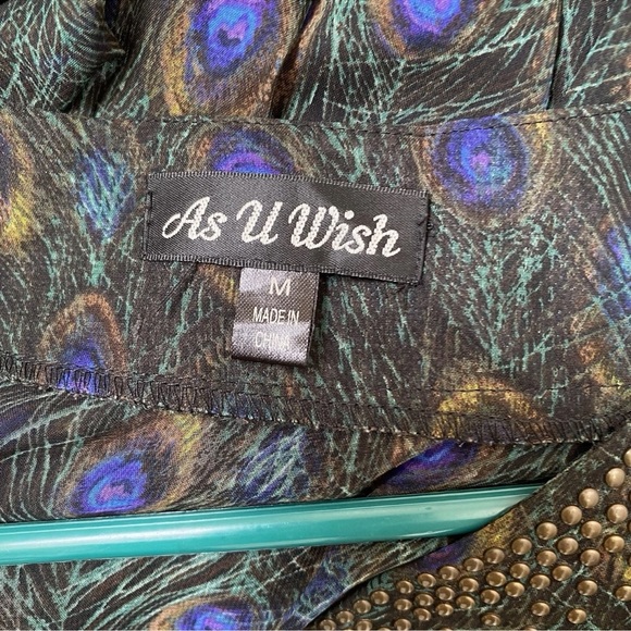 As U Wish Peacock Feather Print Mini Dress Size M Beaded Neckline Belted Boho - Picture 2 of 3